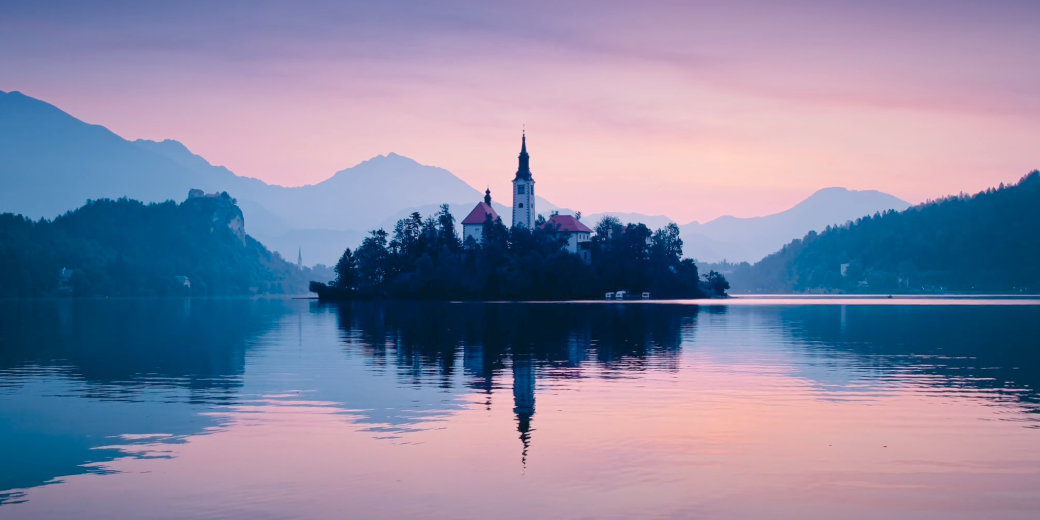 A view of Lake Bled, Slovenia, taken from the video for that location in the Portal application.