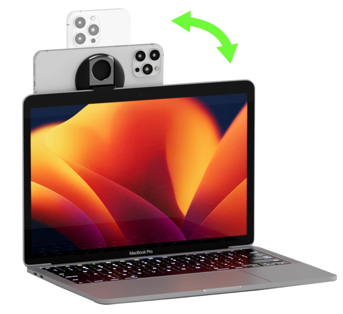Belkin MagSafe holding an iPhone to a MacBook Pro screen for use as Continuity Camera Belkin MagSafe holding an iPhone to a MacBook Pro screen for use as Continuity