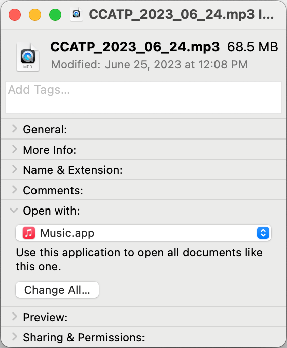 Get Info for MP3 File Showing Open With