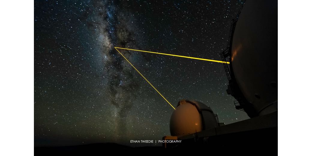 Keck Telescope showing how sodium lasers point at the Milky Way. I think the lasers are simulated as an illustration