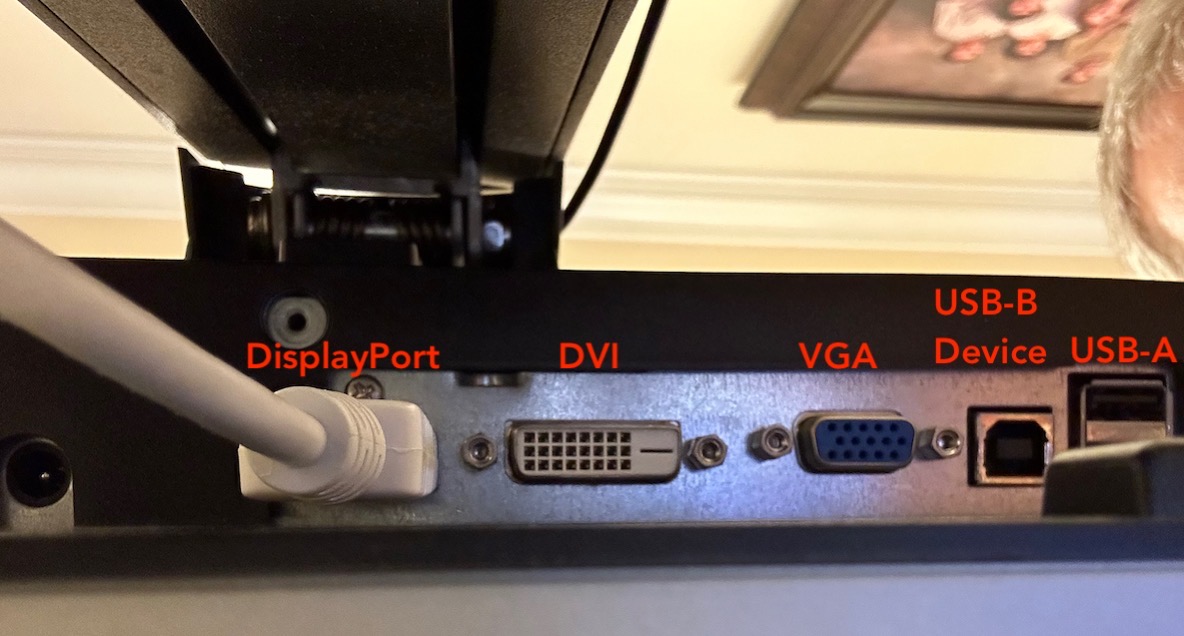 Kens Display from underneath showing DisplayPort, DVI, VGA, USB-B Device, 2 USB-A