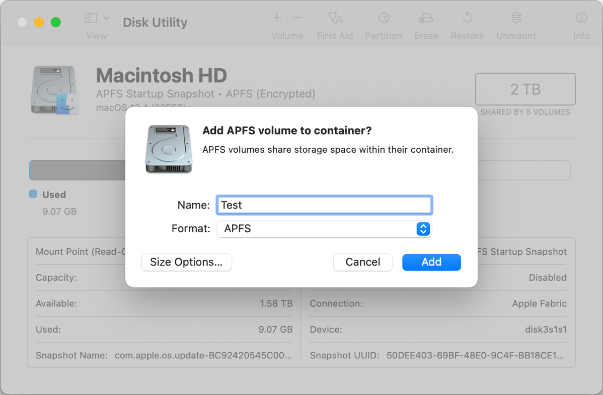 Test Volume Creation with APFS Using Disk Utility