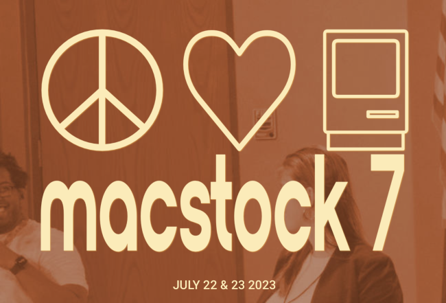 Macstock 7 Logo with Peace, Love, and Mac symbols.