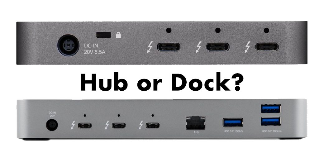 OWC hub and dock one above the other with the question "hub or dock?" between them