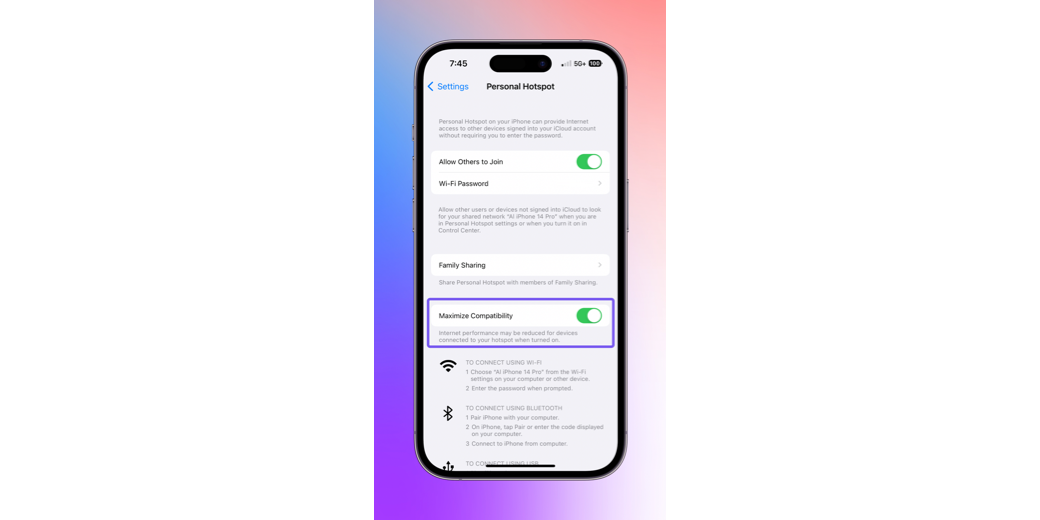 Maximize Compatibility Toggle in iOS Hotspot Settings
