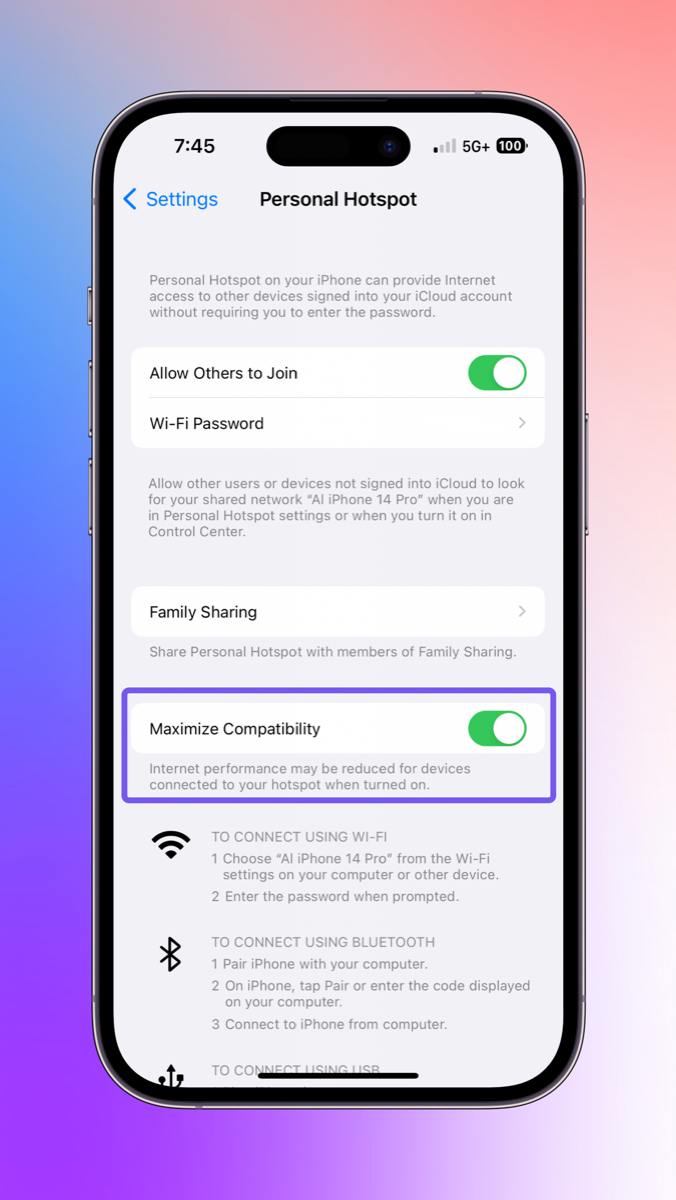 Maximize Compatibility Toggle in iOS Hotspot Settings Annotated