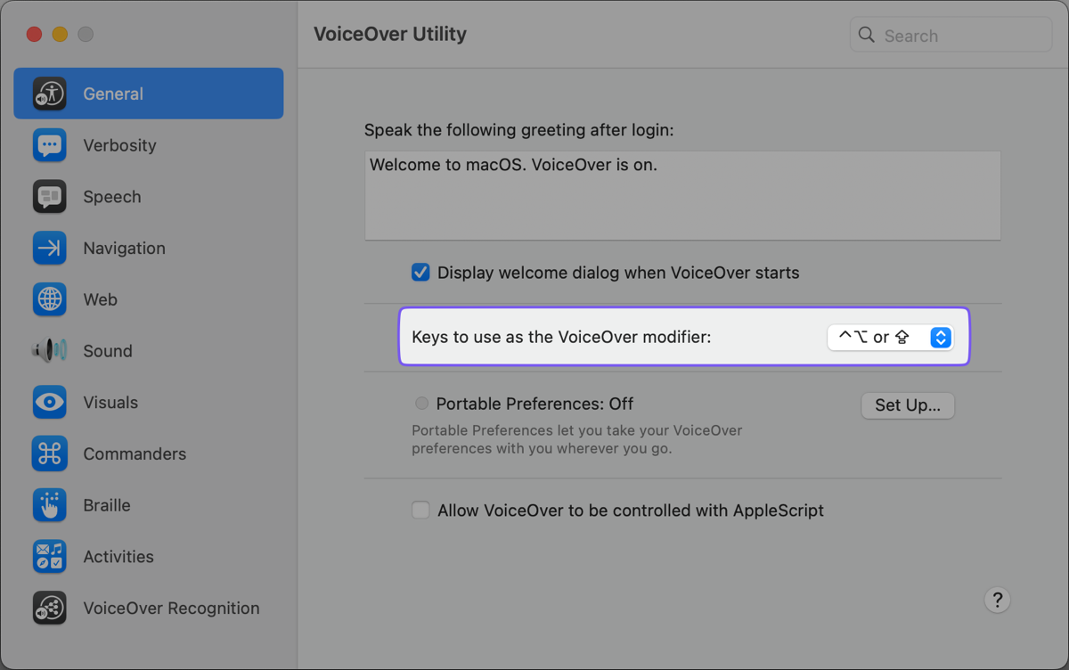 VoiceOver General Screen Highlighting Modifier Keys