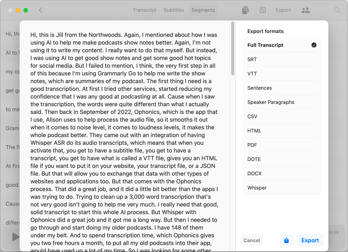 Whisper Full Transcription Export