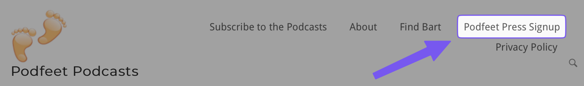Banner with arrow pointing to highlighted Podfeet Press Signup.png Banner with arrow pointing to highlighted Podfeet Press Signup