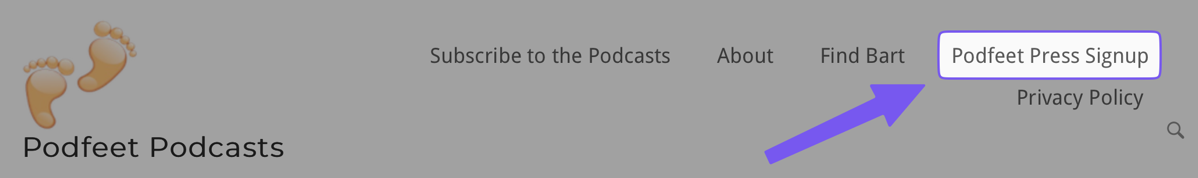 Banner with arrow pointing to highlighted Podfeet Press Signup