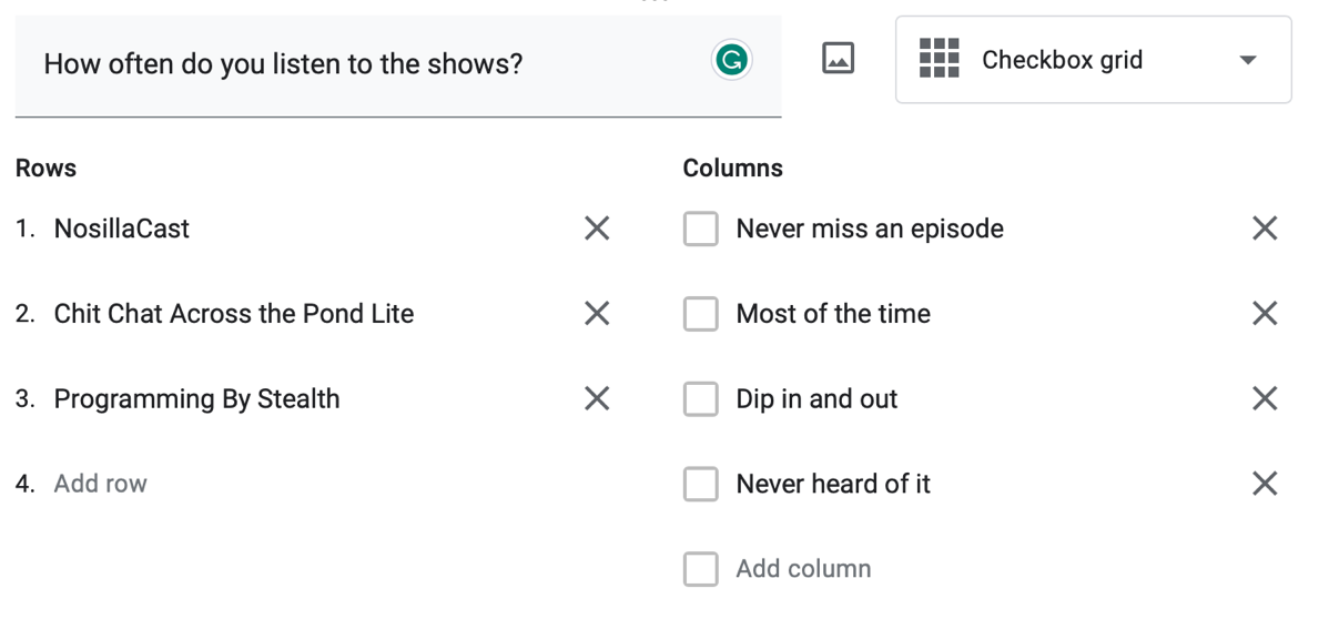 Checkbox Grid as described