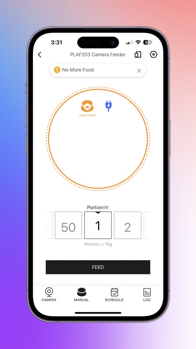 Manual feeding.jpg Manual Feeding shows that it is plugged in but that there is not enough food, and a chosen portion size on a horizontal scroller