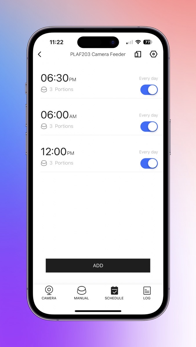 PETLIBRO scheduling.jpg PETLIBRO scheduling showing three different times with 3 switches and 3 portions at each feeding