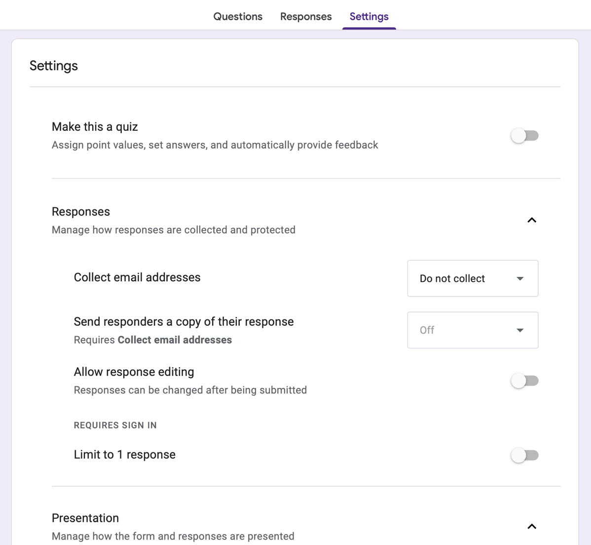 Settings as described