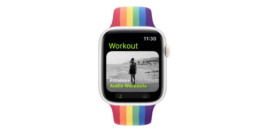 Apple Watch with rainbow band showing Audio Workouts at th etop of the Workout app