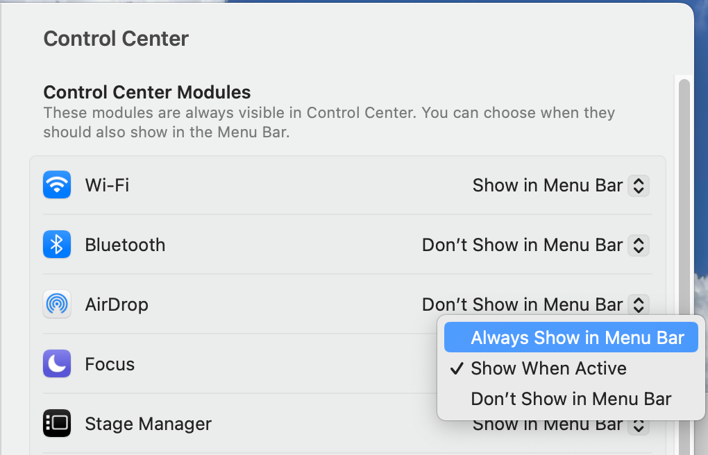 Focus Settings in Control Settings