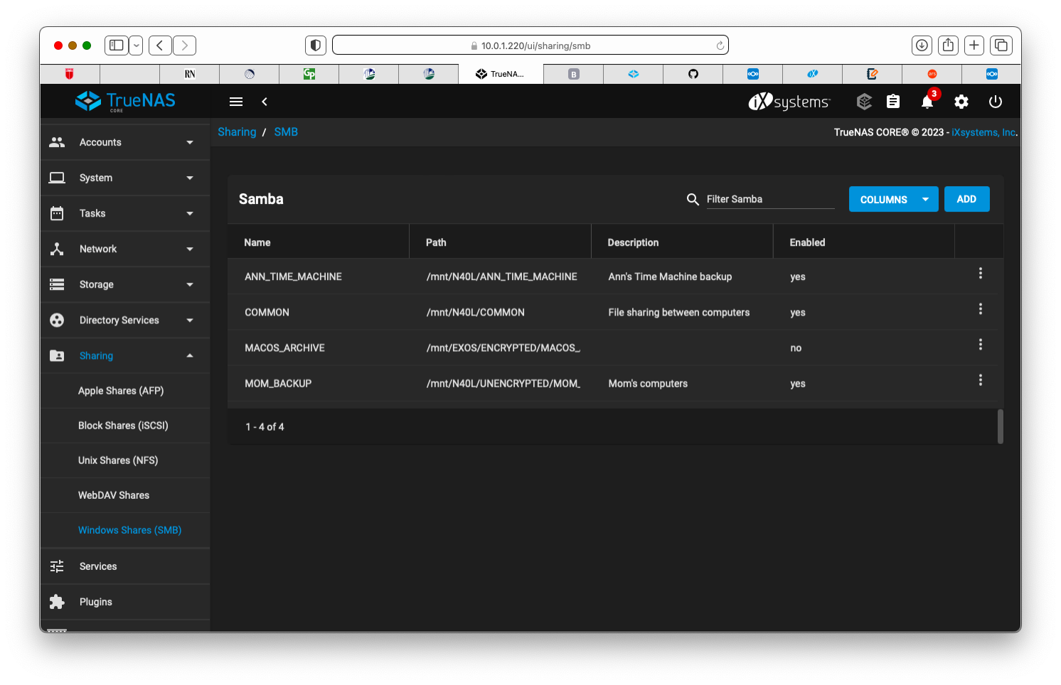 Listing SMB volumes in TrueNAS interface including Time Machine volumes