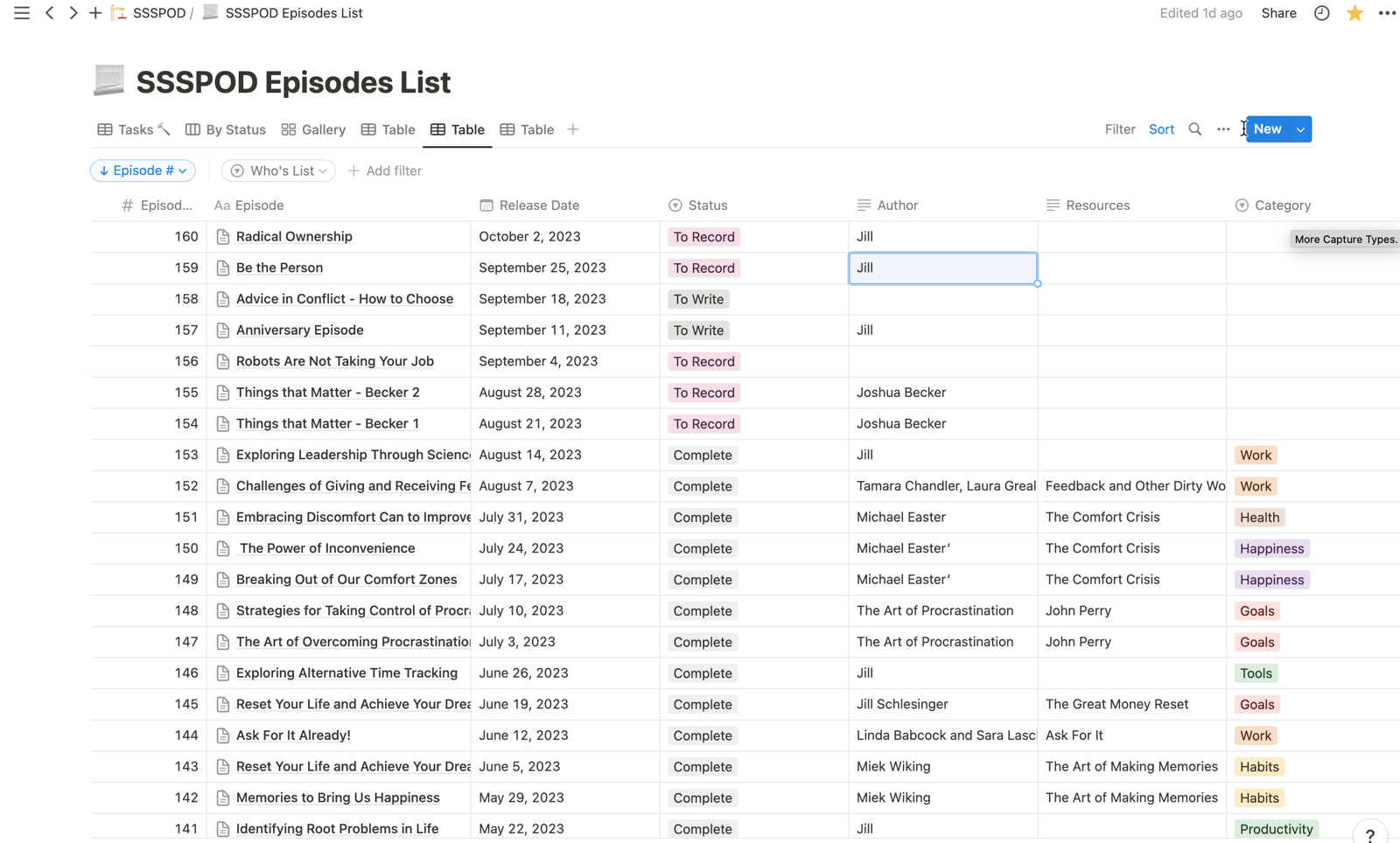 episode list for one podcast showing episode date resources author