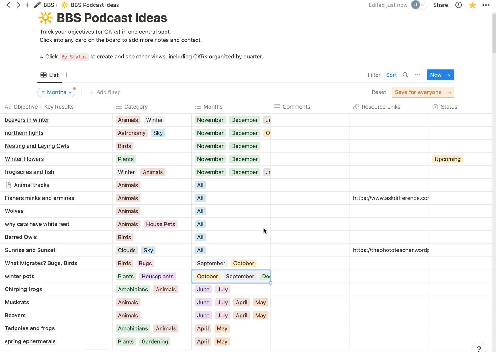 a list of podcast ideas with tags for months and categories