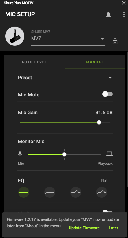 Motiv software showing monitor mix, mic mute, presets and EQ