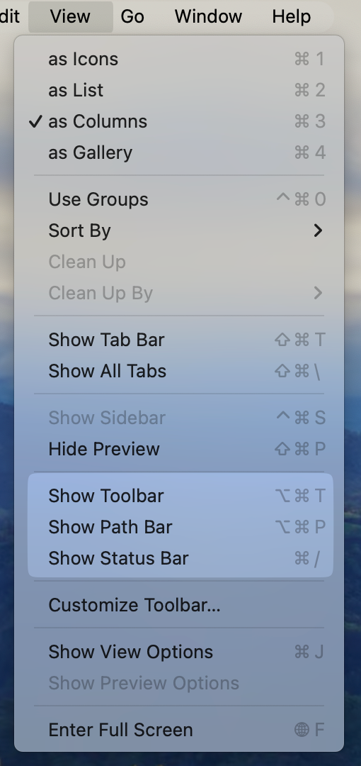 Finder  Show Toolbar Path Bar and Status Bar