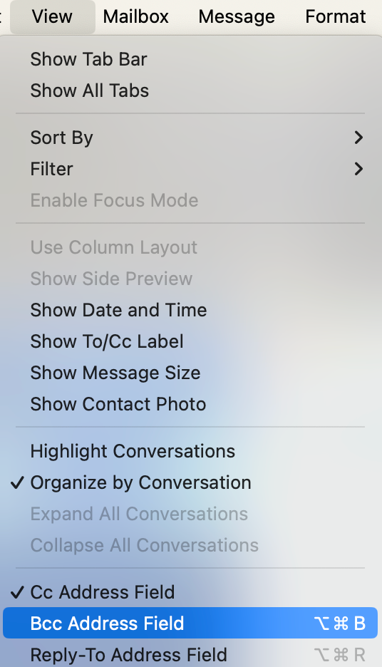 Mail  View Bcc Address Field