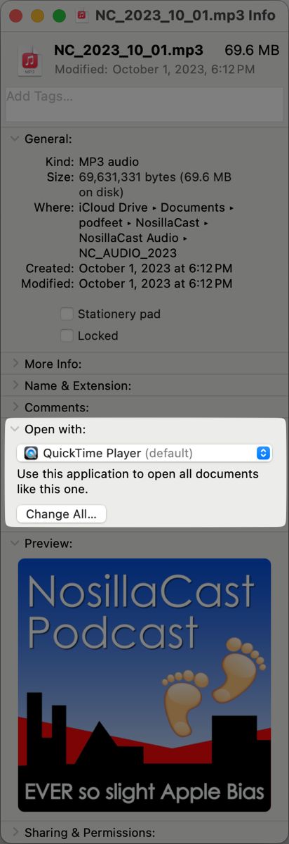 Open With  Change audio files to open in QuickTime not music