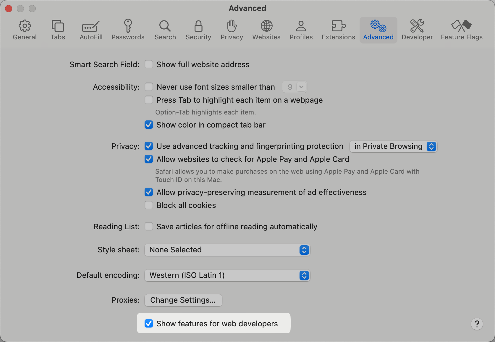 Safari  Show features for web developers menu