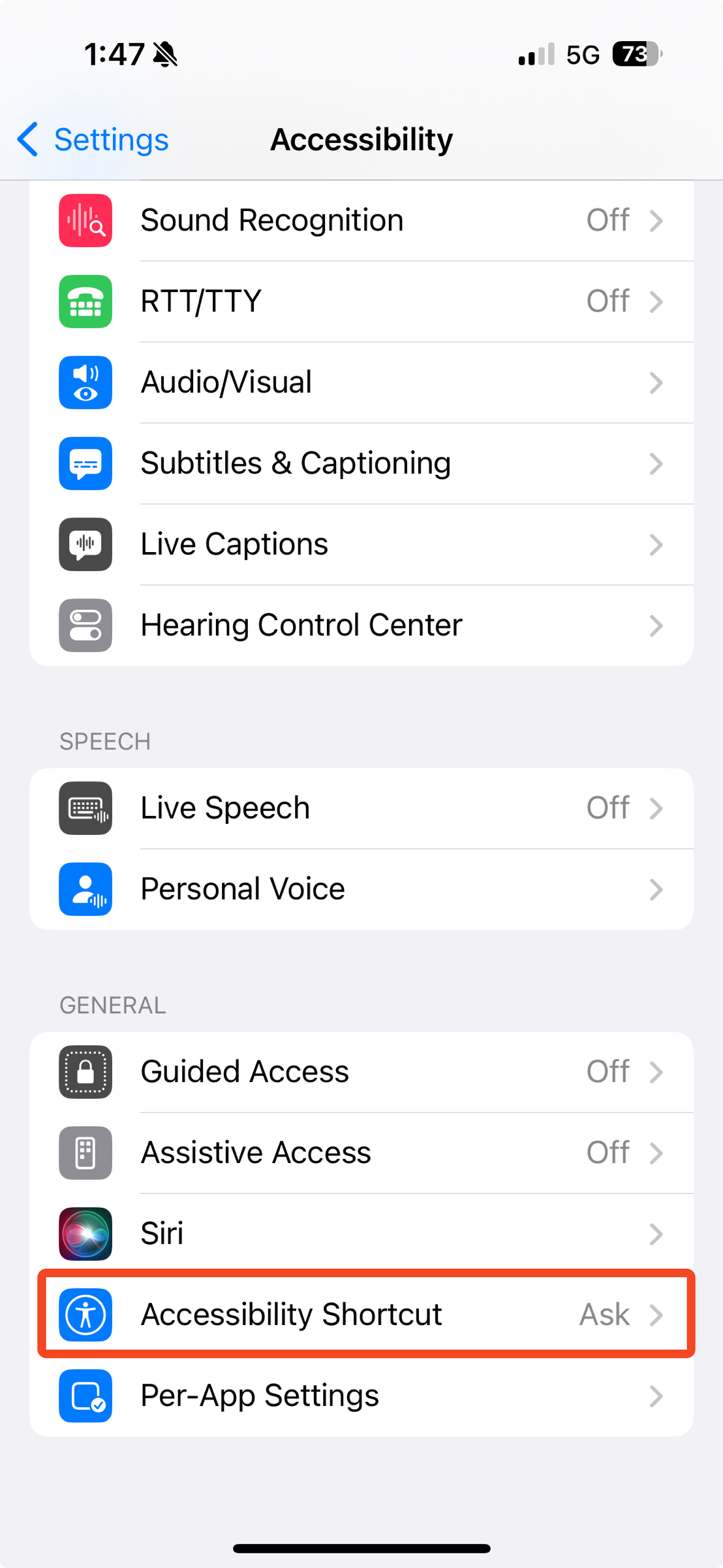 System Settings Highlighting Accessibility Shortcut