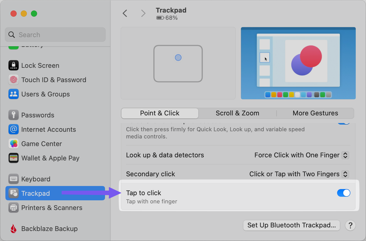 System Settings  trackpad Tap to click on