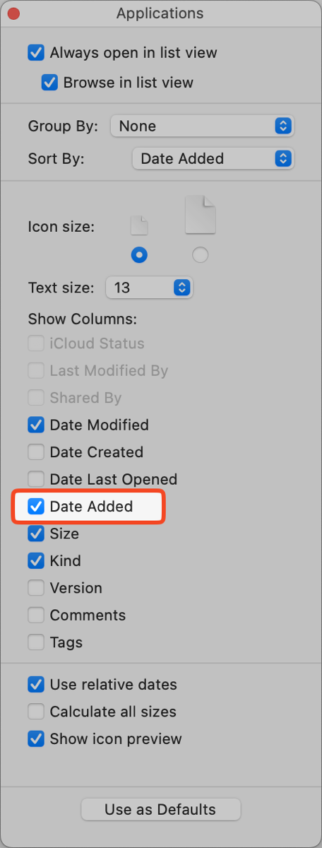 View Options Highlighting Date Added Checked
