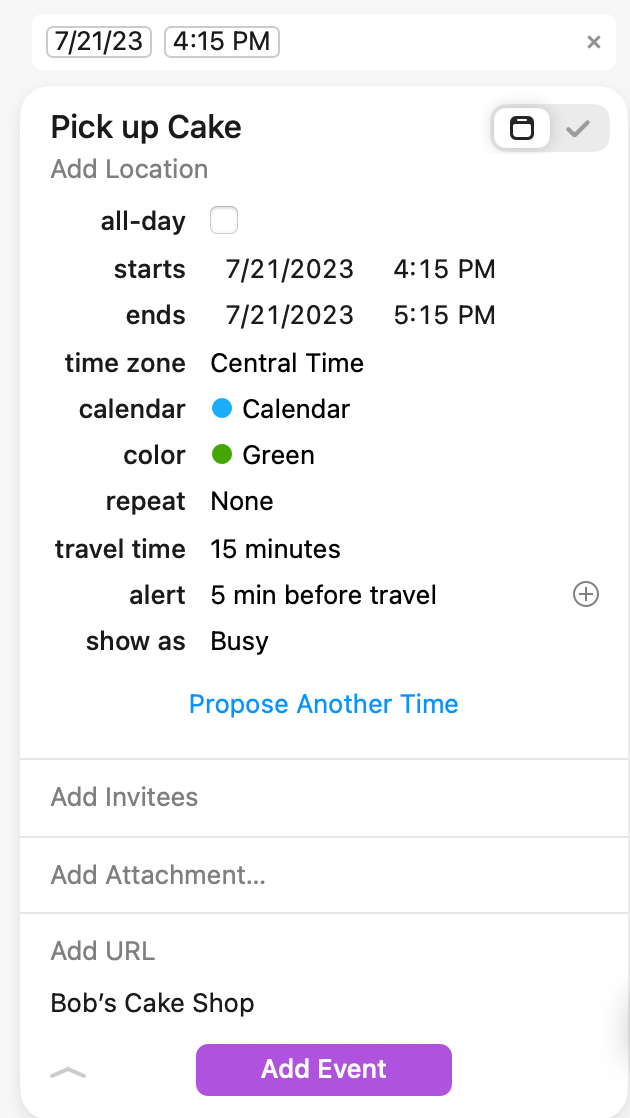 Appointment creation showing travel time and then alert before travel