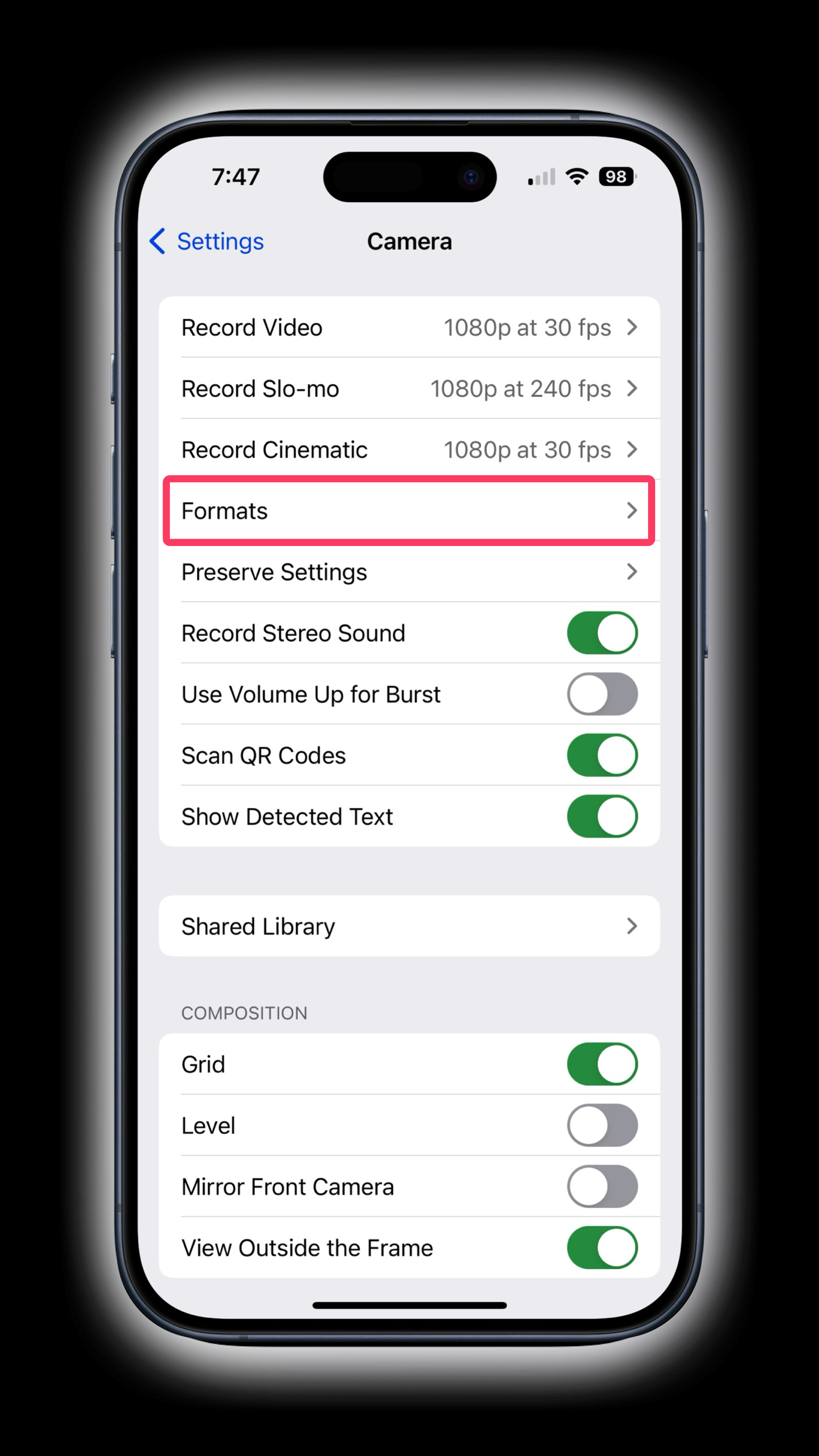 Settings Camera Formats