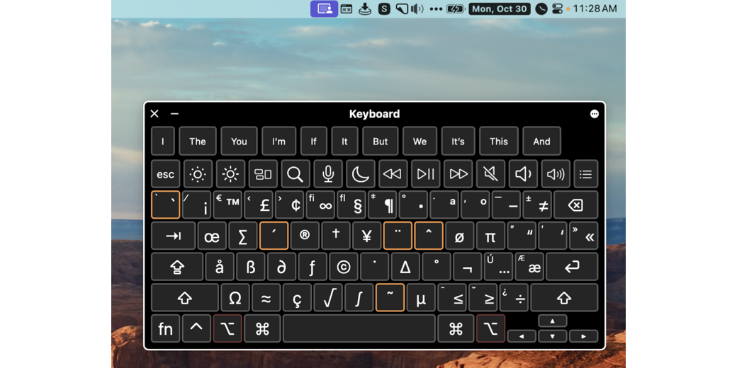 Accessibility Keyboard aka Keyboard Viewer floating below the menu bar