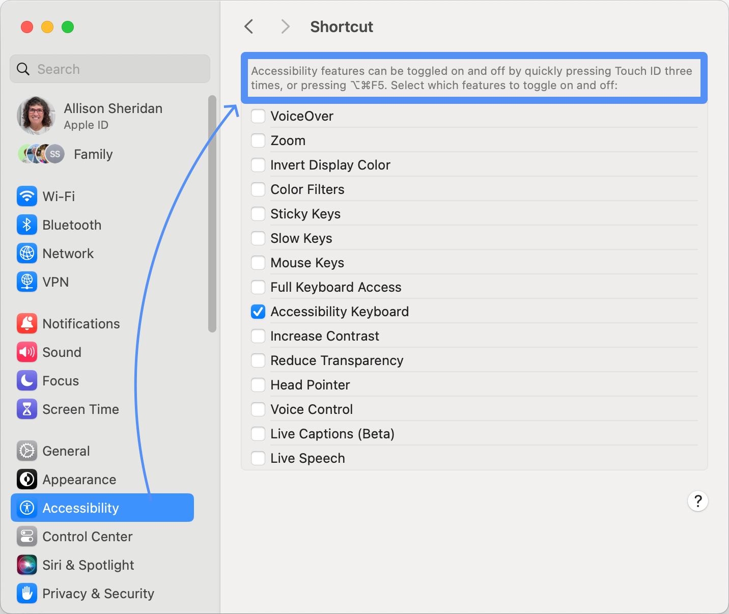 Accessibility Shortcut to Invoke Accessibility Keyboard Viewer in System Settings