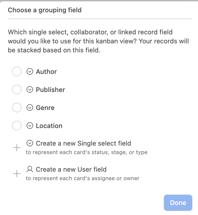 Kanban Choose a Grouping Field