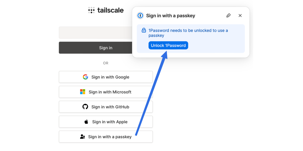 Tailscale website triggering a request to open 1P to enable Passkeys