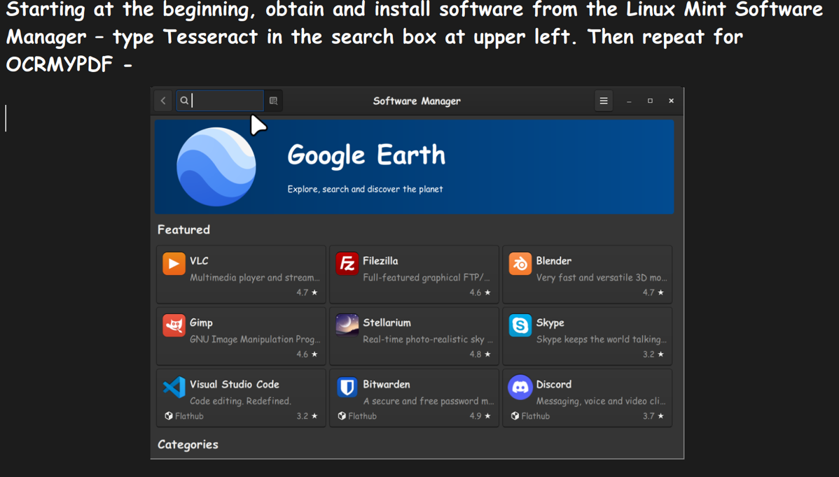 Obtain and install software from Linux Mint software manager - Tesseract and OCRMYPDF
