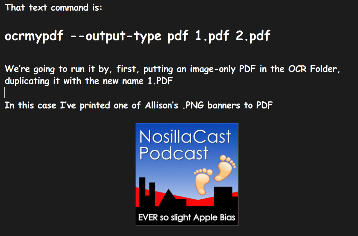 NosillaCast podcast logo as a PDF about to be run through the ocrmypdf command