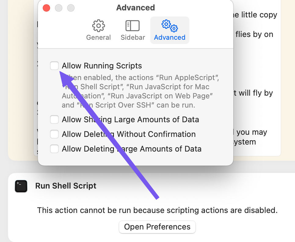 Advanced Tab of Shortcut Settings Showing to Check the Box to Allow Scripts.