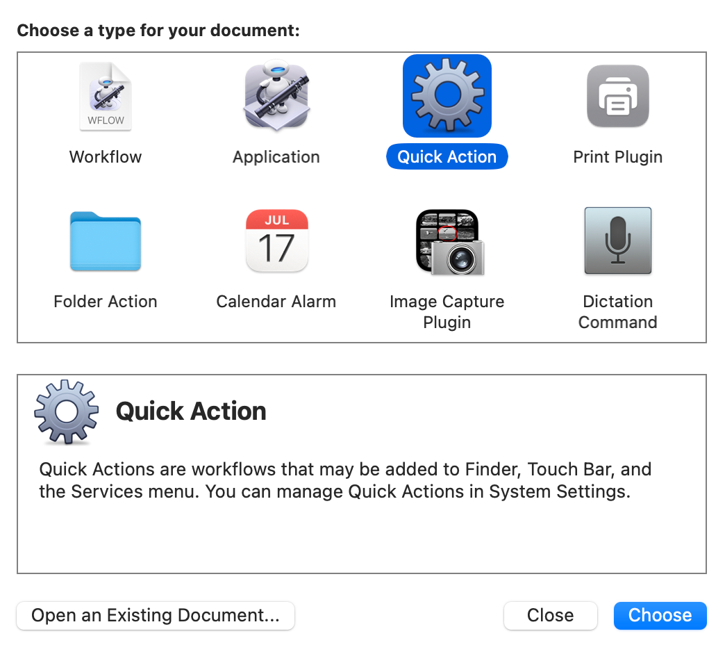 Automator Choose a Type for Your Document.