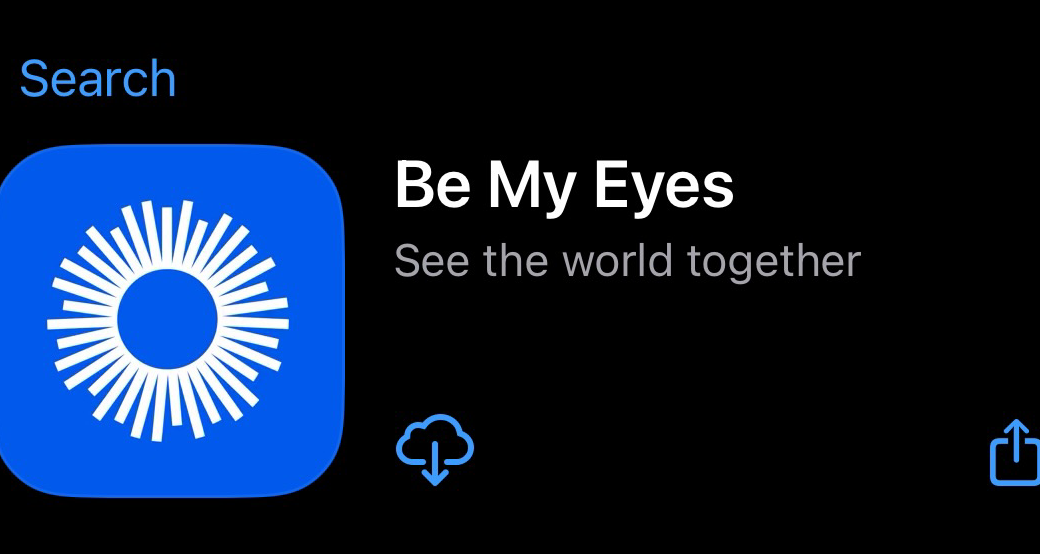 Be My Eyes in the Mac App Store with a blue square logo and a white stylized icon that kind of looks like the iris of an eye.
