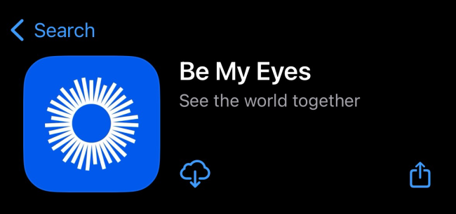 Be My Eyes in the Mac App Store with a blue square logo and a white stylized icon that kind of looks like the iris of an eye.