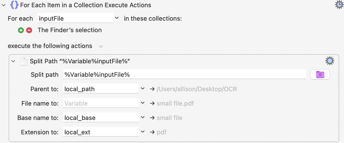 Keyboard Maestro showing Split Path breaking out the file name, the path to the file, and the extension into separate addressable variables