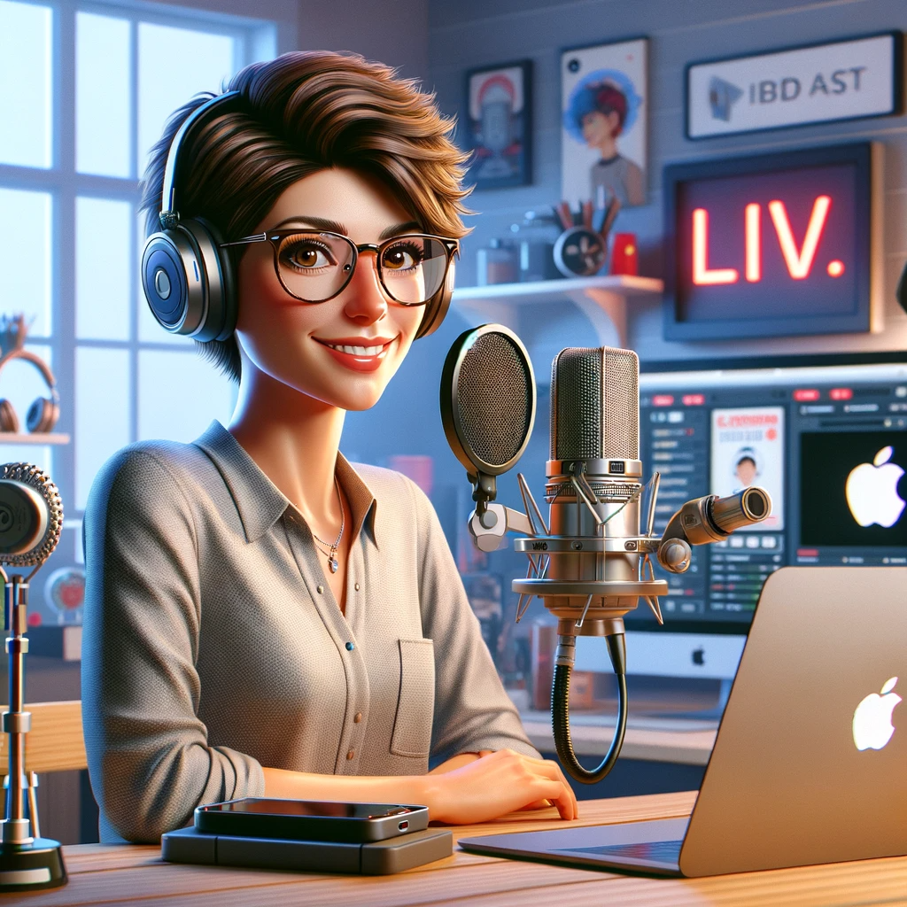 The image shows a stylized female character with short brown hair and glasses, wearing headphones, sitting at a desk with a microphone and a laptop with an apple logo on it. She appears to be in a broadcasting or recording studio, as indicated by the "On Air" sign in the background. Image description provided with Be My Eyes.