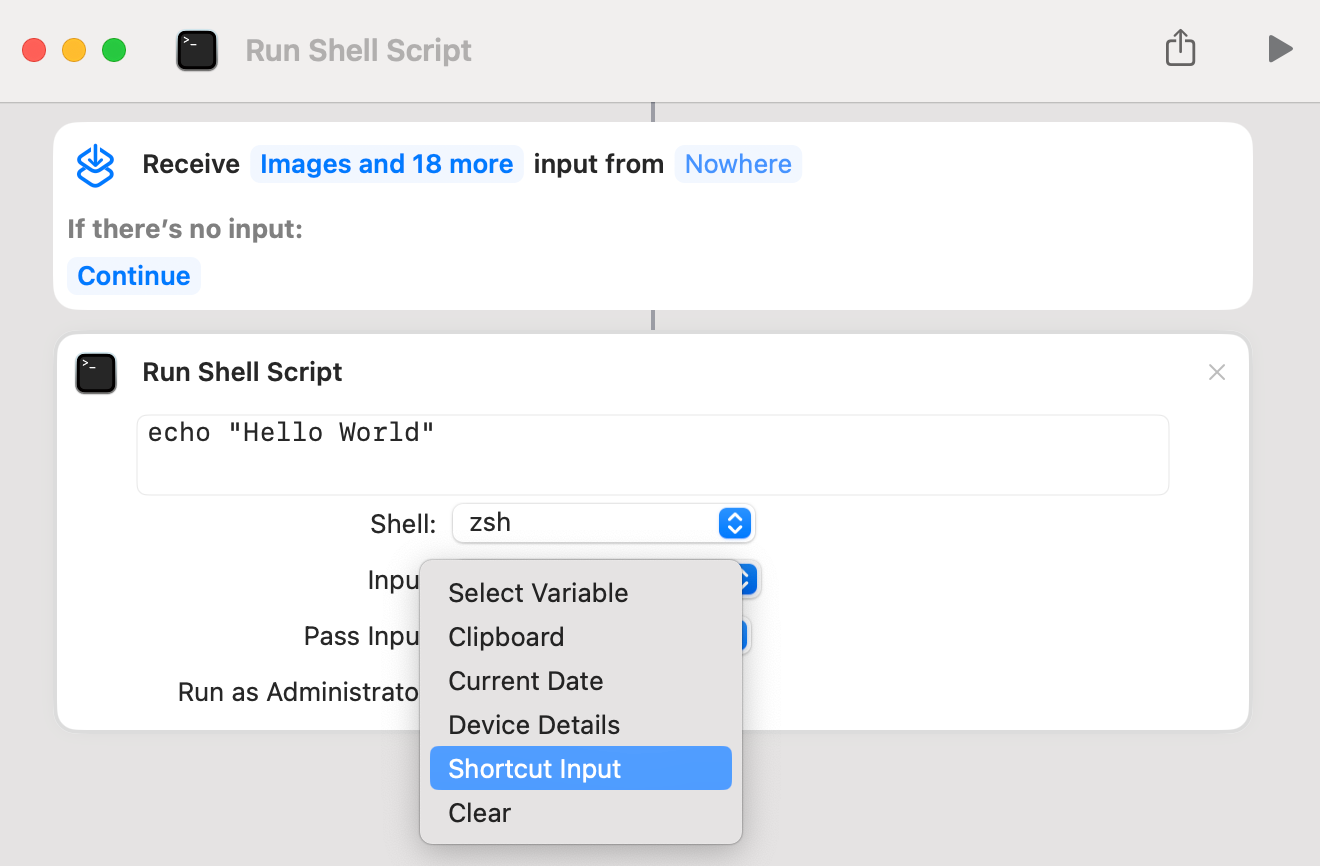 Receive Action Magically Appears with Shell Script Input Changed to Shortcut Input