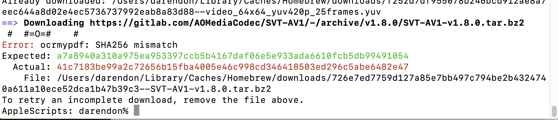 SHA Mismatch during ocrmypdf install from Homebrew.