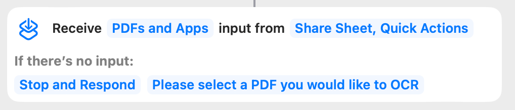 Shortcut First Action Receive PDFs and apps from share sheet or quick actions