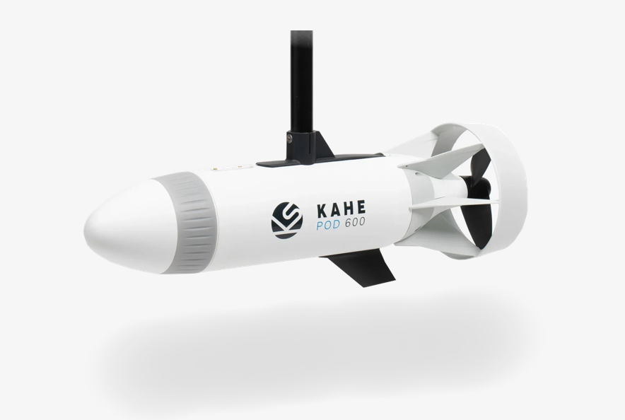 KAHE electric outboard motor is white, about 2 ft long, 6 in in diameter, and is shaped like a small. torpedo.