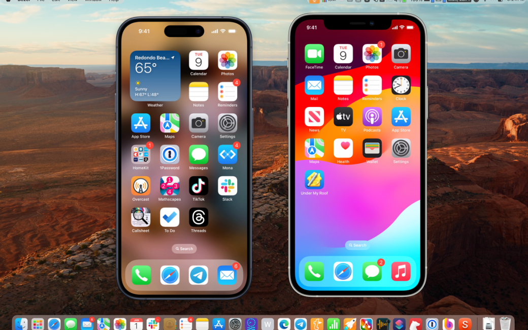 iPhone 15 Pro and iPhone 12 Pro Both on Mac Screen using Bezel